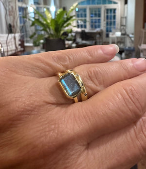 East West Blue Flash Labradorite Emerald Cut Ring
