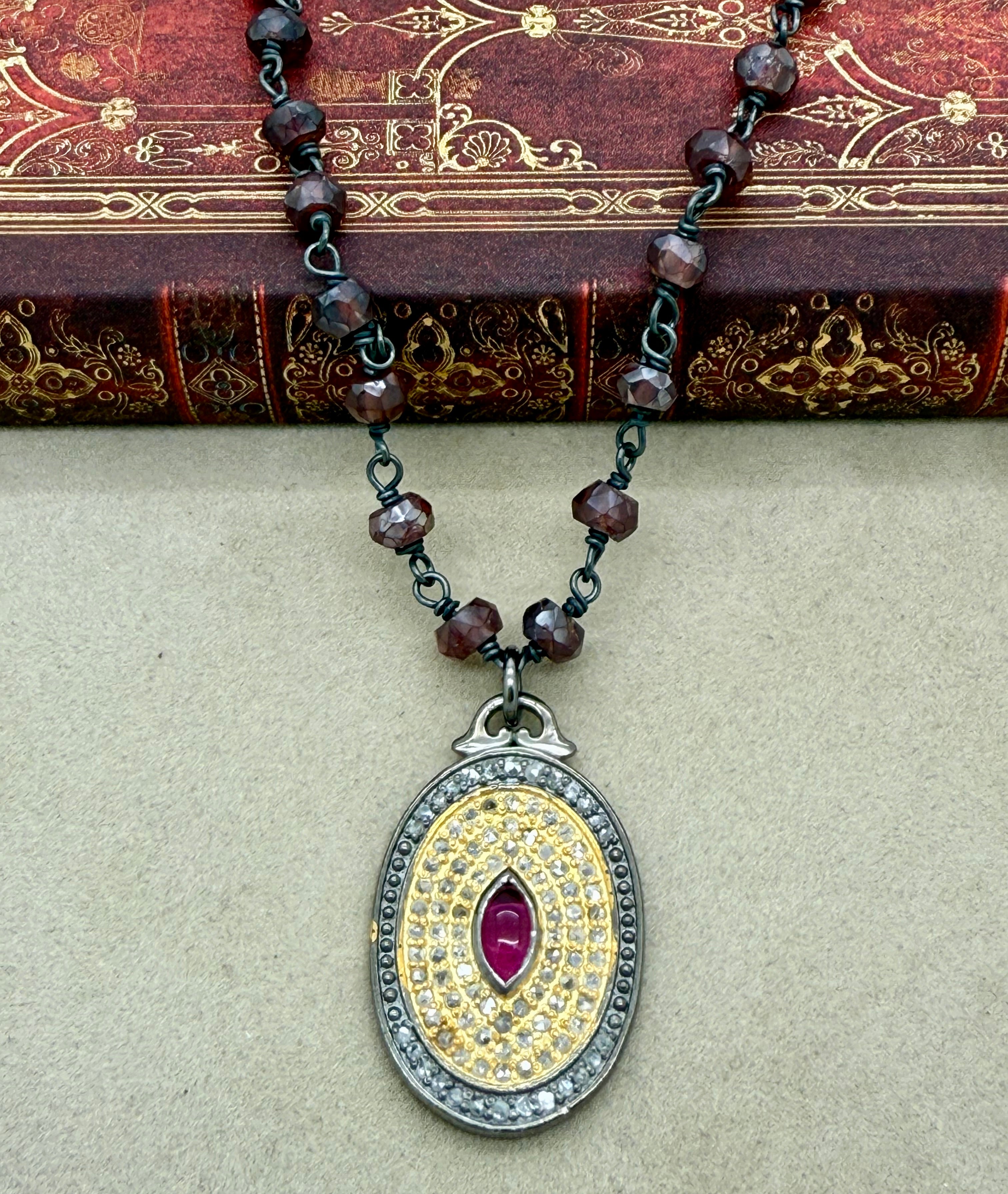 Vintage Inspired Ruby and Pave Diamond Pendent- Mixed Metals