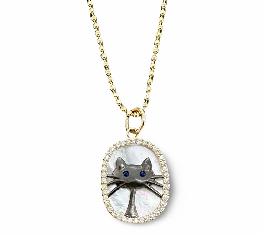 Magical Cat Pendent - 14K Gold, Diamond and Sapphire