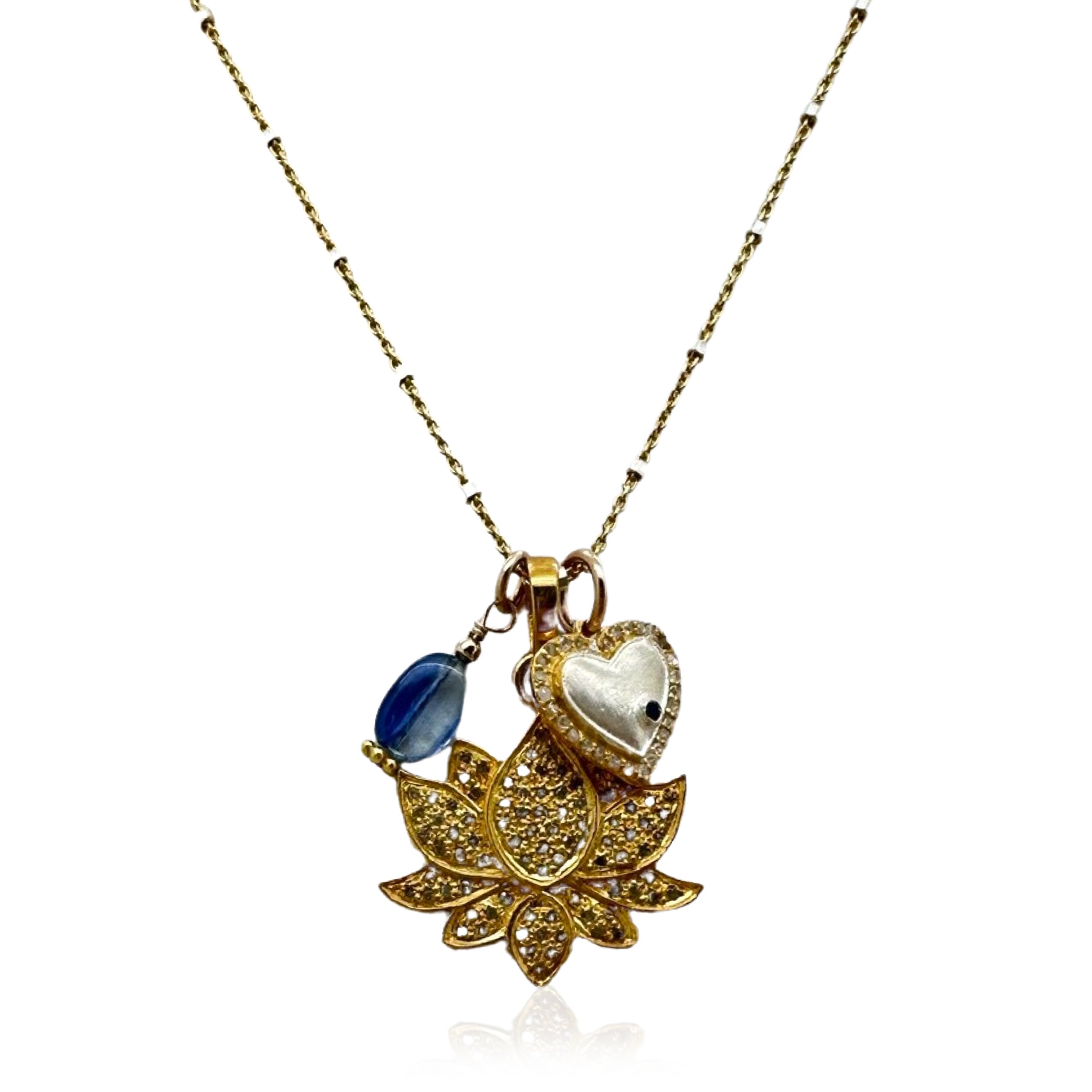 Diamond Lotus Pendent with Heart and Kyanite Charm