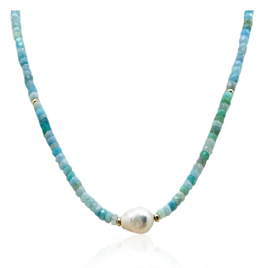 Multi Faceted Ethiopian Opal and Tahitian Pearl Necklace