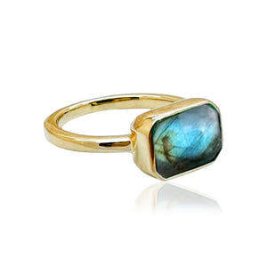East West Blue Flash Labradorite Emerald Cut Ring
