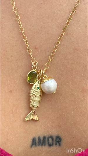Amore Coastal Fish Necklace with Pearl and Peridot- Birthstone
