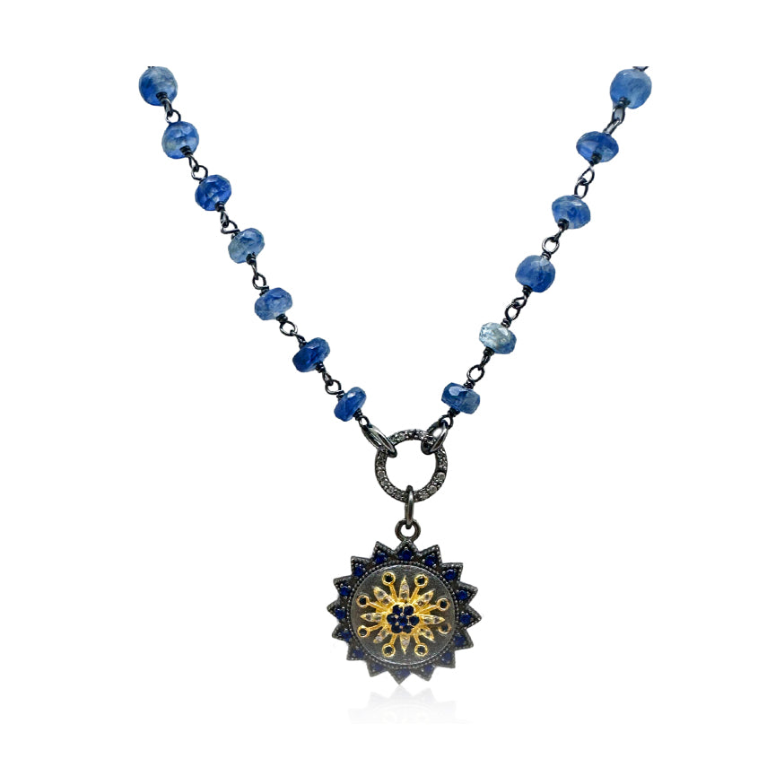 Midnight Sunflower Mandala Necklace-Kyanite