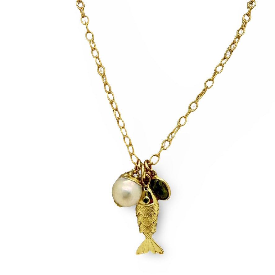 Amore Coastal Fish Necklace with Pearl and Peridot- Birthstone