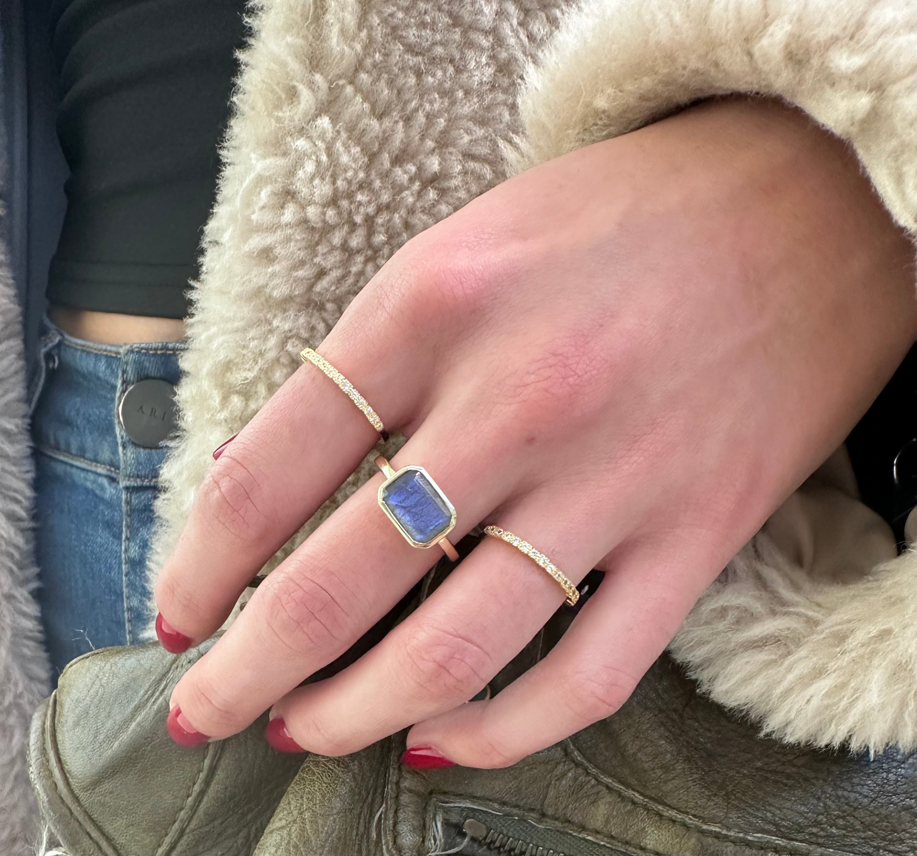 East West Blue Flash Labradorite Emerald Cut Ring