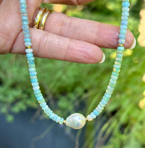 Multi Faceted Ethiopian Opal and Tahitian Pearl Necklace