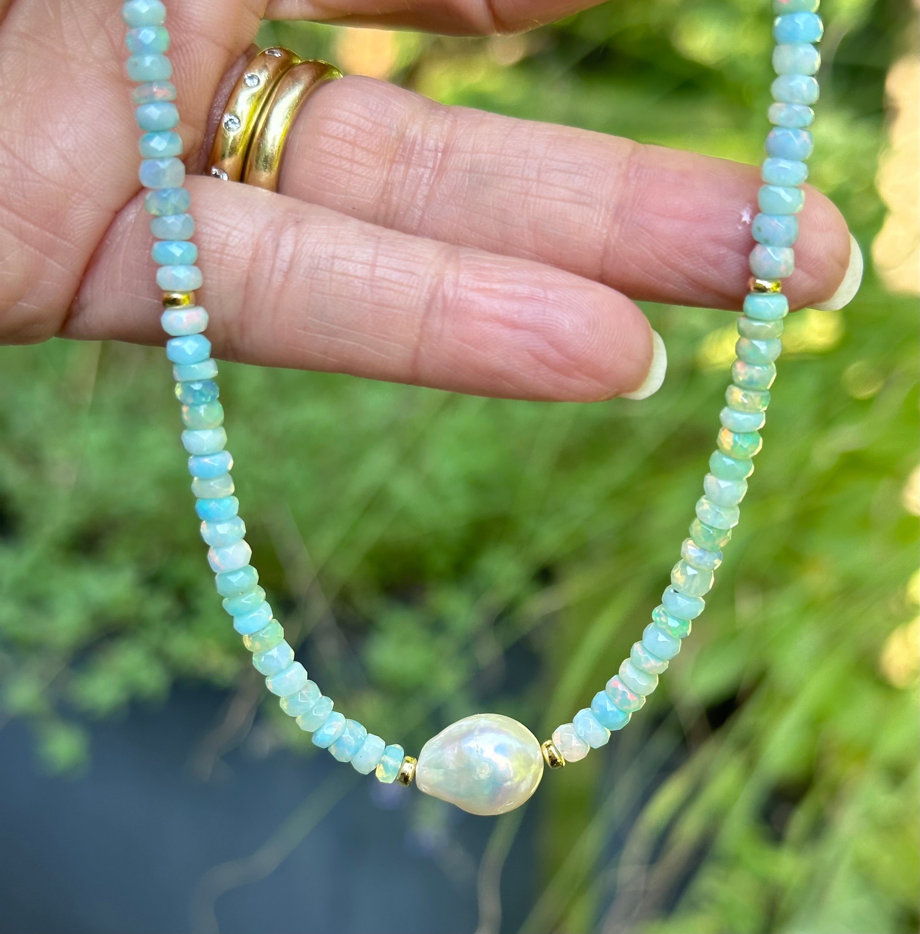 Multi Faceted Ethiopian Opal and Tahitian Pearl Necklace