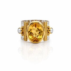 Vintage Inspired Ring- Citrine, Mixed Metals and Pearl
