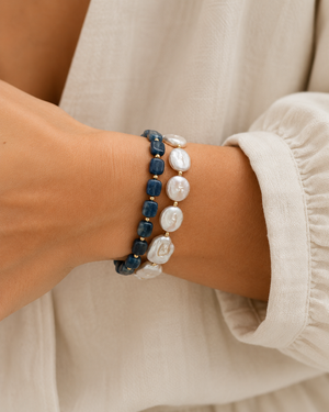 Kyanite and Pearl Bracelet Stack
