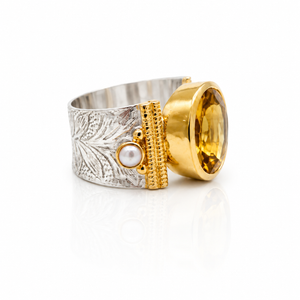 Vintage Inspired Ring- Citrine, Mixed Metals and Pearl