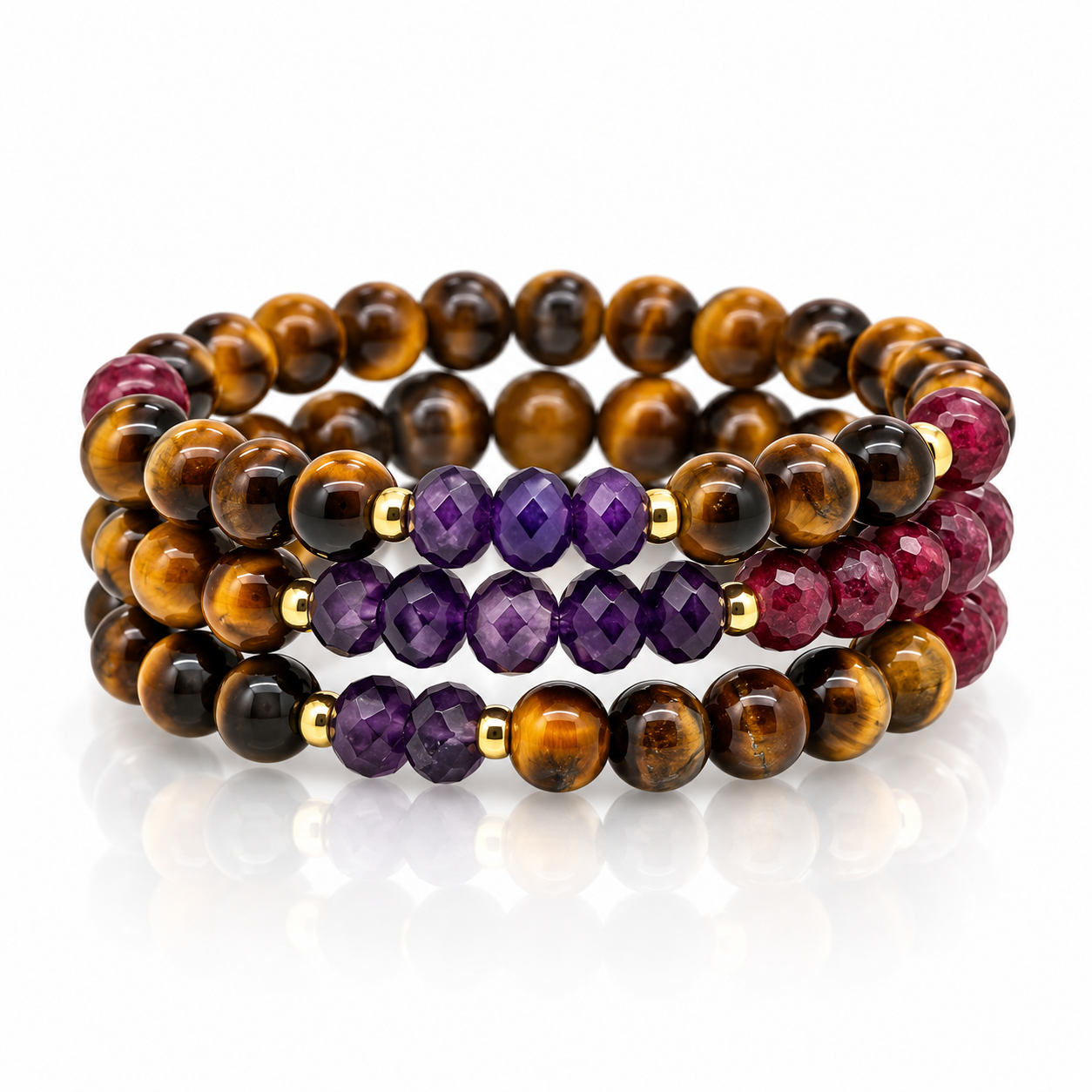 Tiger’s Eye Bracelet Stack with Amethyst & Garnet