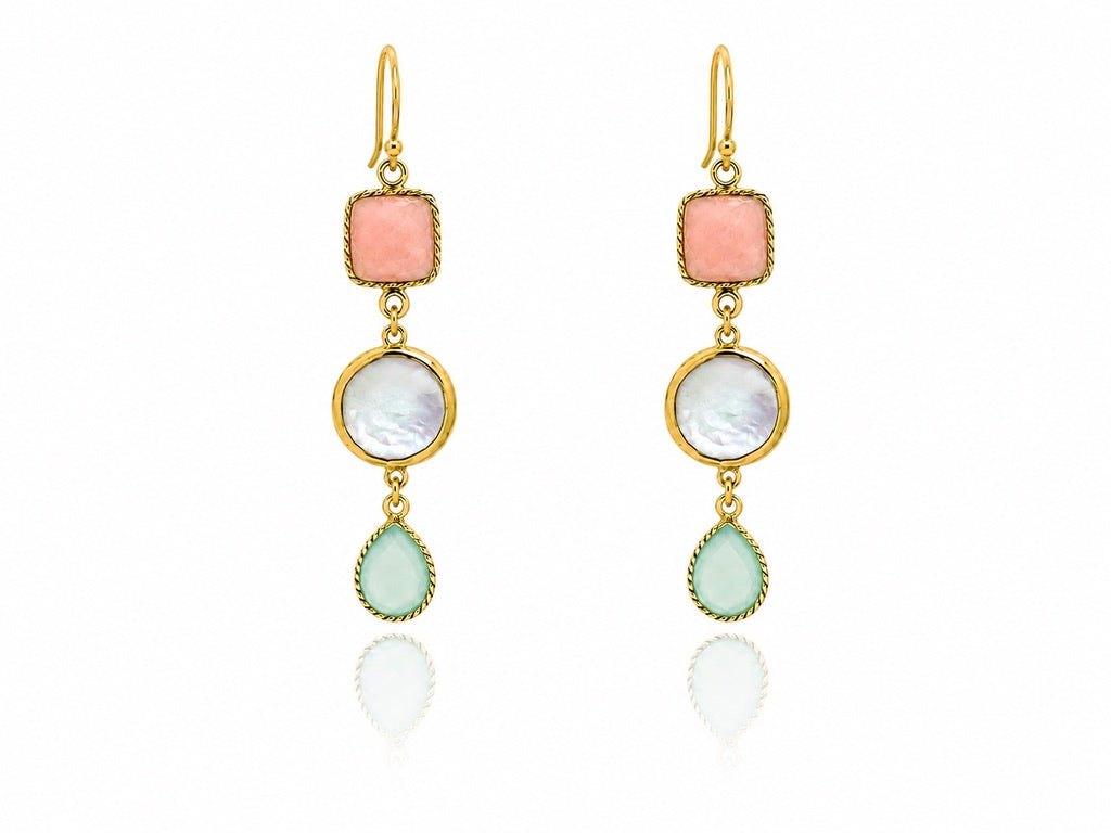 Peach Moonstone, Pearl and Chalcedony Earring