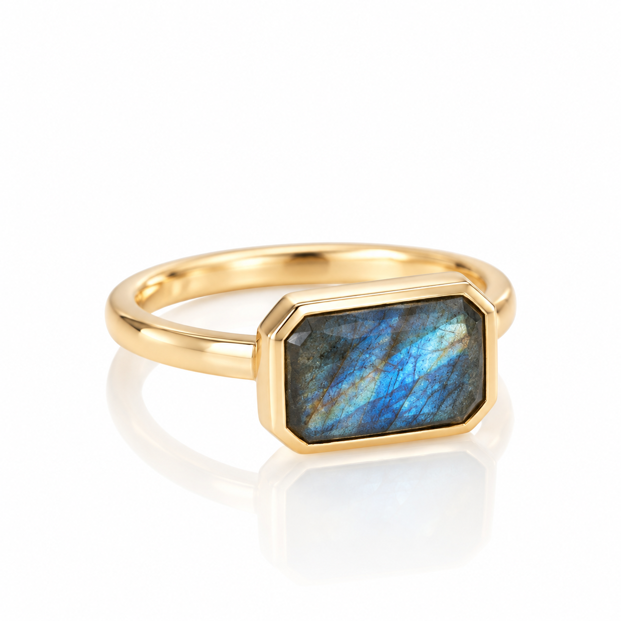 East West Blue Flash Labradorite Emerald Cut Ring
