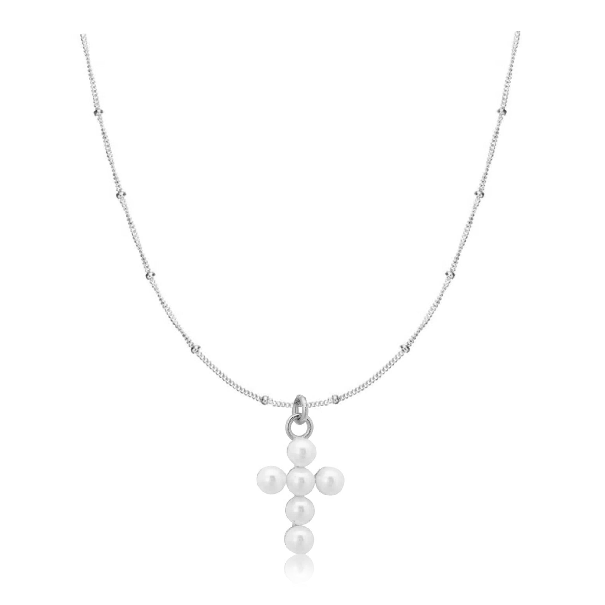 Tiny Pearl Cross- Silver