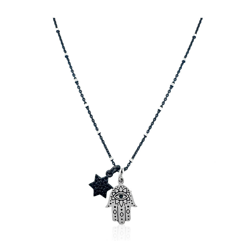 Silver Hamsa Charm Necklace with Black Star of David