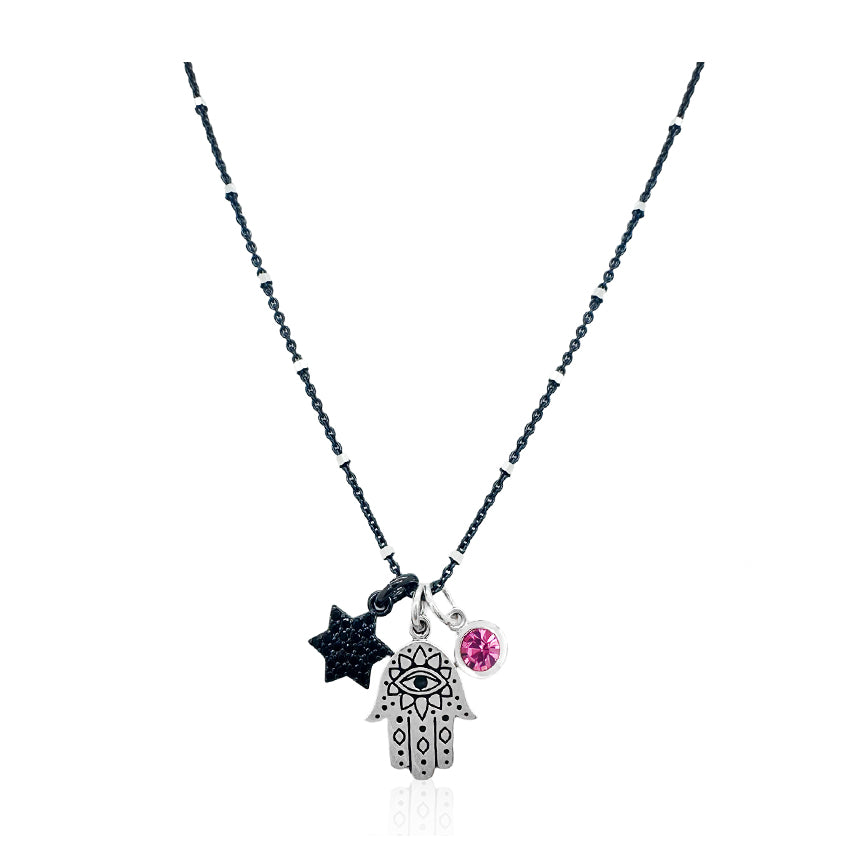 Silver Hamsa and Black Star of David with Birthstone