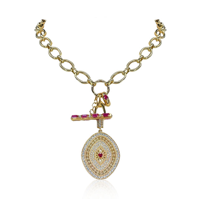 14K Gold Diamond and Ruby Stained Glass Pendent with Carabiner on 14k Gold Oval Chain.