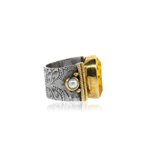 Vintage Inspired Ring- Citrine, Mixed Metals and Pearl