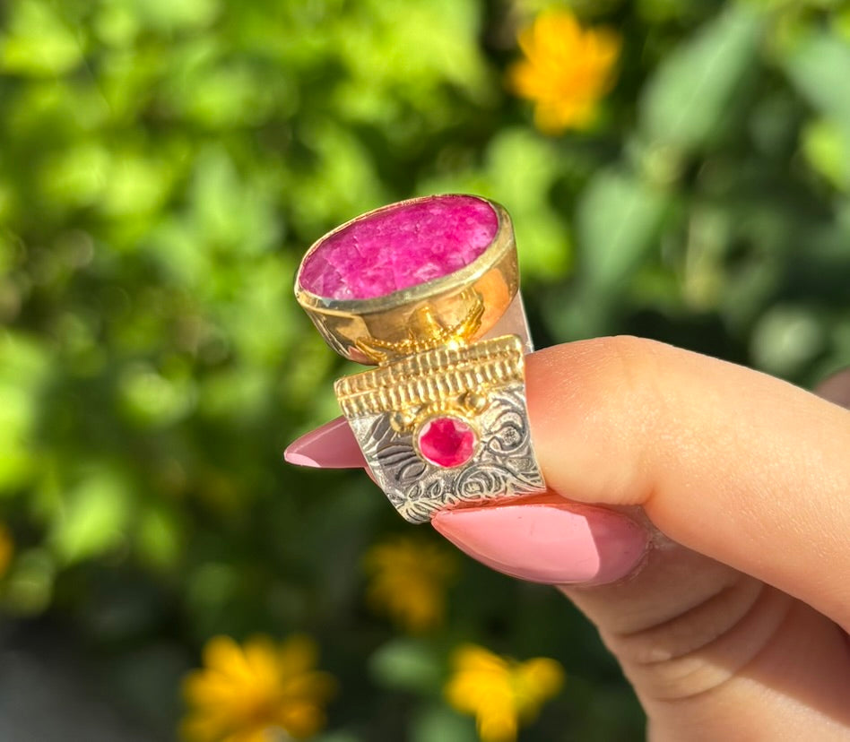 Vintage Inspired Ring- Indian Ruby, Mixed Metals and Pearl