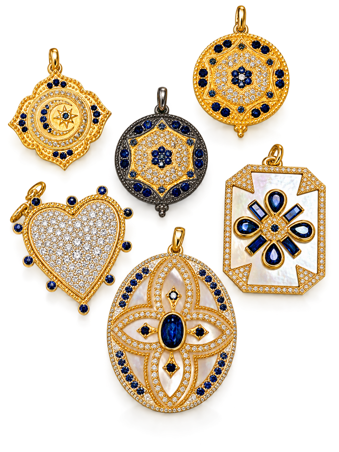 Six diamond and sapphire charms in gold and black finishes, featuring round, heart, square tag, and oval clover designs with mother-of-pearl accents.