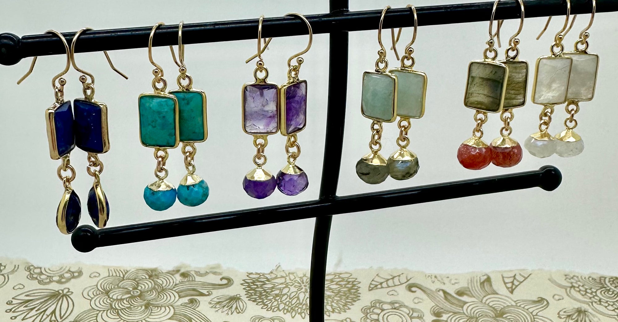 Tile Raindrop Earrings- Semi Precious Stones