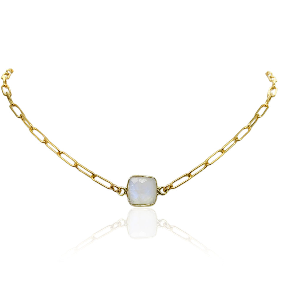 Moonstone Square Choker on Paper Clip Chain