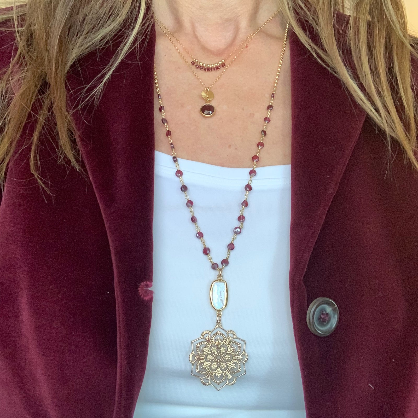 Garnet Lotus Mandala Pendant