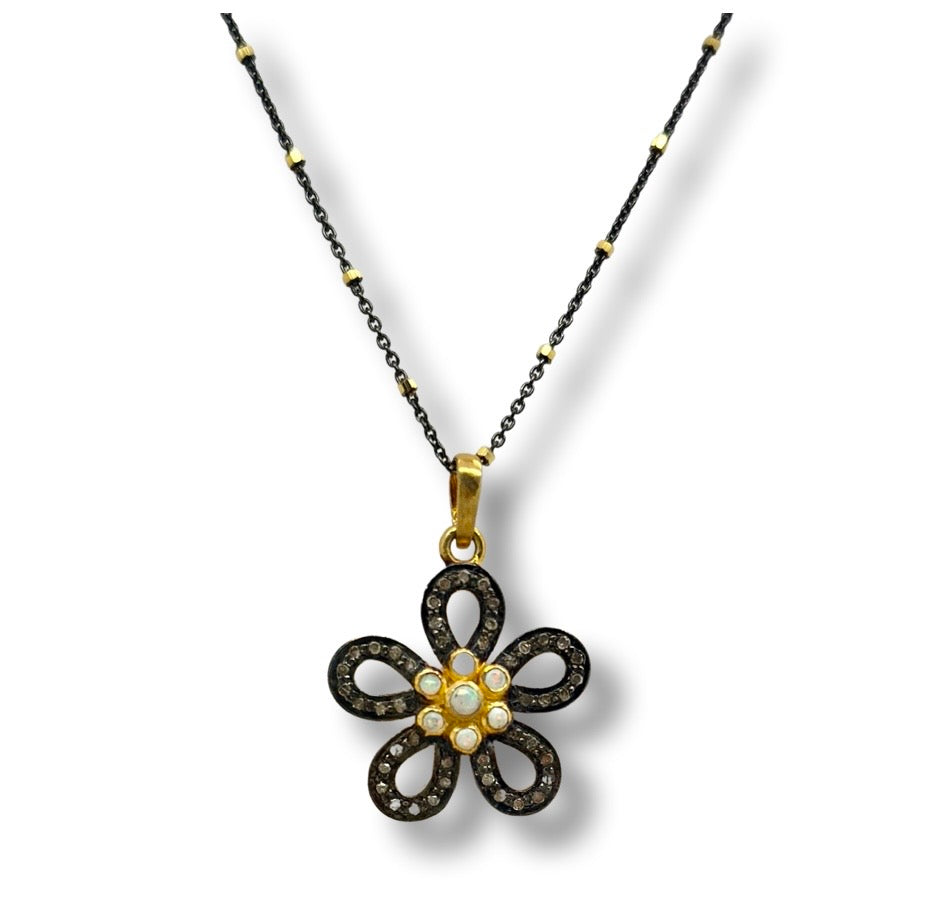 Happy Flower Necklace-Diamonds and Opal Center